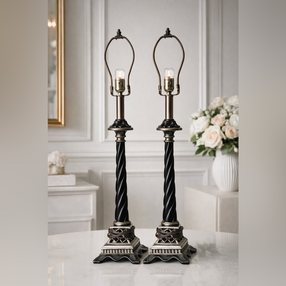 Pair 33.5” Barley Twist Table Lamps - Black with antiqued Pewter Finish